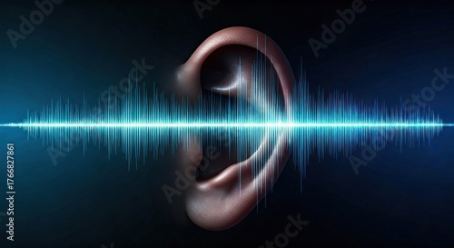 Realistic human ear with a vibrant blue sound wave passing through it, against dark background
