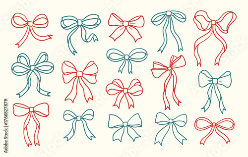 Hand-Drawn Ribbon Bow Set — Minimal Line Art Collection in Red and Teal on Cream Background, Birthday and New year concept