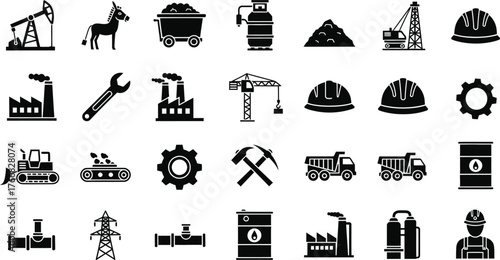 Collection of industrial and construction icons and symbols representing various aspects of heavy industry and engineering isolated on transparent background