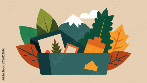 A box filled with dried leaves twigs and photographs from hiking trips reminding a person of the breathtaking nature they experienced and the memories of challenging themselves in. Vector illustration