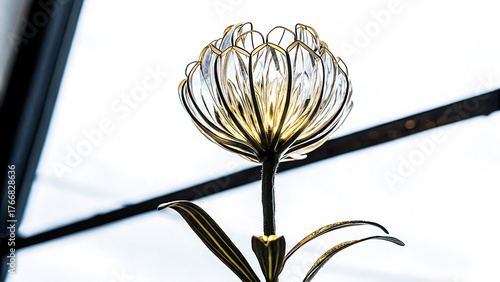 Elegant wireframe tulip lamp with glowing warm light and green leaves against a bright white background