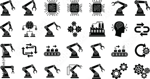 Collection of industrial robot arms microchips factory brain and gears icons representing automation and technology isolated on transparent background