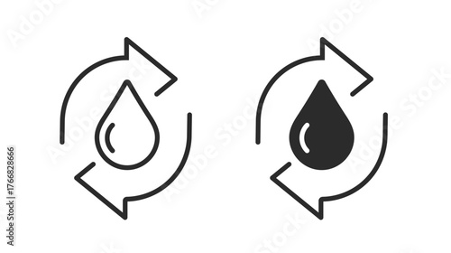 Recycle water filtration tech icon simple logo graphic illustration line stroke outline, refresh purification liquid oil sign symbol pictogram, disinfection sanitizing wash cycle, reuse technology

