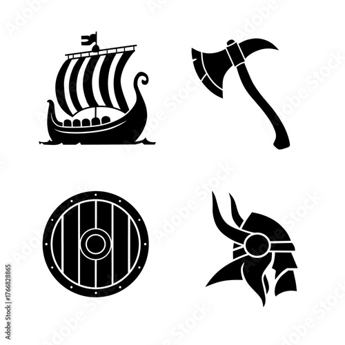 Viking Symbols Set: Ship, Axe, Shield, and Helmet Vector Icons