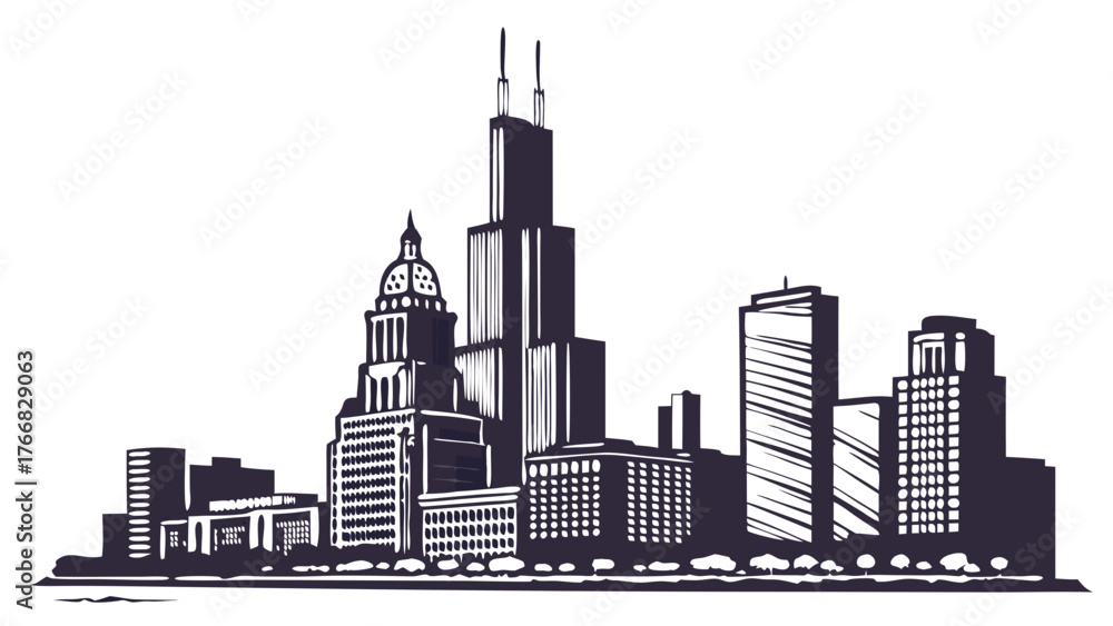 Obraz premium Tampa skyline vector in black and white, resembling chicagos iconic cityscape. Perfect for travel brochures, city guides, and urbanthemed designs.
