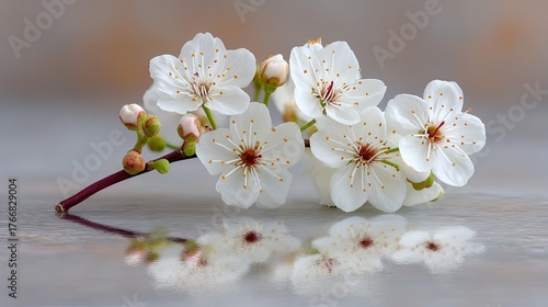 Delicate White Cherry Blossoms with Delicate Stamen and Buds on a Twig Reflecting on a Smooth Surface with Softly Blurred Background