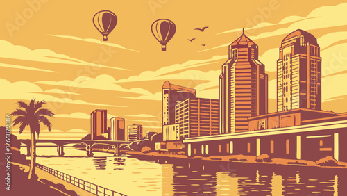 Tampa skyline vector featuring the river flowing through downtown tampa, florida, usa. Suitable for travel brochures, city guides, websites.