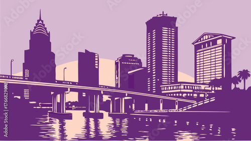 Tampa skyline vector illustration showcasing cityscape and bridge perfect for travel posters, city guides, brochures, and website banners.