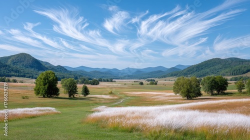 Expansive Landscape Featuring Rolling Hills Under a Sky Filled with Wispy Cirrus Clouds and Scattered Trees in the Foreground During Daytime