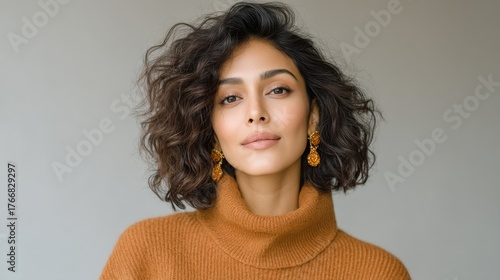 Fashion Portrait Of A Smiling Woman With Curly Hair Wearing A Warm Brown Turtleneck Sweater And Amber Earrings Studio Shot