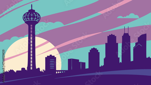 Dallas skyline vector art featuring the iconic lotus tower in colombo against a vibrant sky. Ideal for travel and landmarks themes.