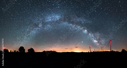 Astrophotography of the Milky Way and Windmills on a Mountain Ridge