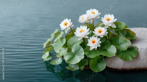 Delicate White Water Lilies With Green Leaves Floating On Calm Blue Water Beside A Textured Stone With Soft Natural Lighting