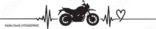 Black motorcycle silhouette on electrocardiogram line with heart
