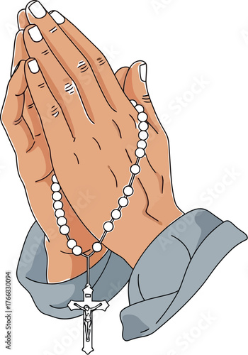 Vector art of praying hands holding rosary beads, a symbol of faith and devotion