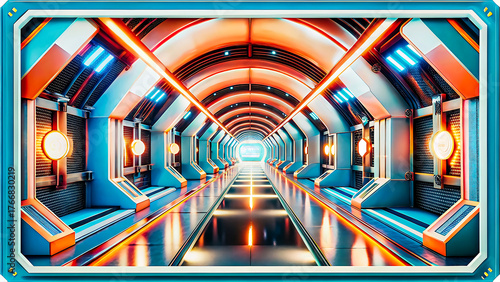 Vibrant futuristic sci fi tunnel with glowing neon lights and reflective floor creating a sense of depth and motion
