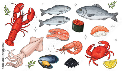 Illustration of various seafood types