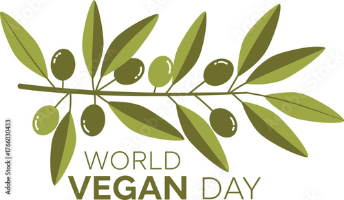 Vector art of olive branch with text world vegan day for a healthy lifestyle concept