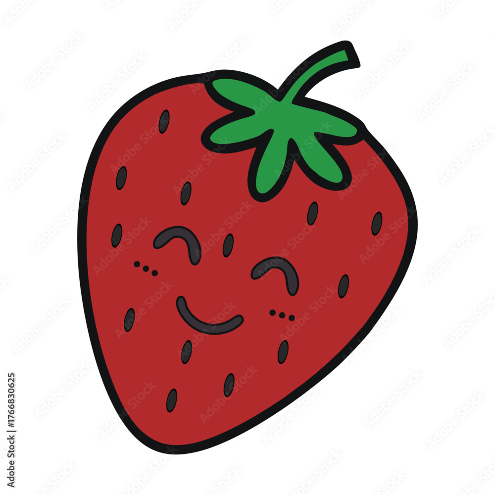 Obraz premium Cute smiling strawberry illustration with happy face and green leaves on white background. Adorable cartoon fruit design perfect for kids, stickers, or prints. Fun playful berry vector art. 