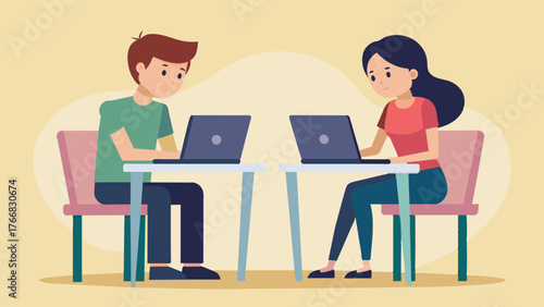 A young couple sits across from each other at a small table working on their laptops but occasionally stealing affectionate glances.. Vector illustration