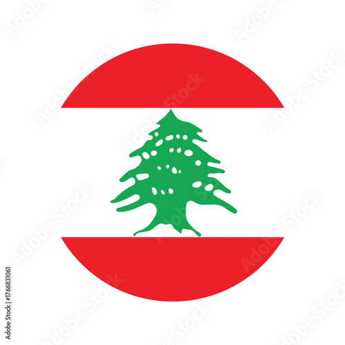 Circular flag of Lebanon with green cedar tree symbol. Vector illustration. 