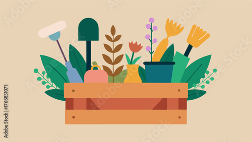 A box filled with gardening tools seeds and dried flowers reminding a person of the peaceful moments spent tending to their garden and the beauty they created.. Vector illustration
