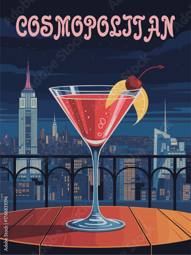 Stylized flat vector poster of a Cosmopolitan cocktail on a rooftop bar with lemon twist and cherry, NYC skyline at night, Empire State Building, and glowing city lights