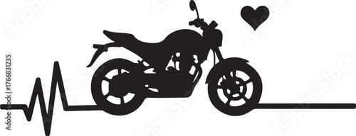 Black motorcycle silhouette with heartbeat line and heart