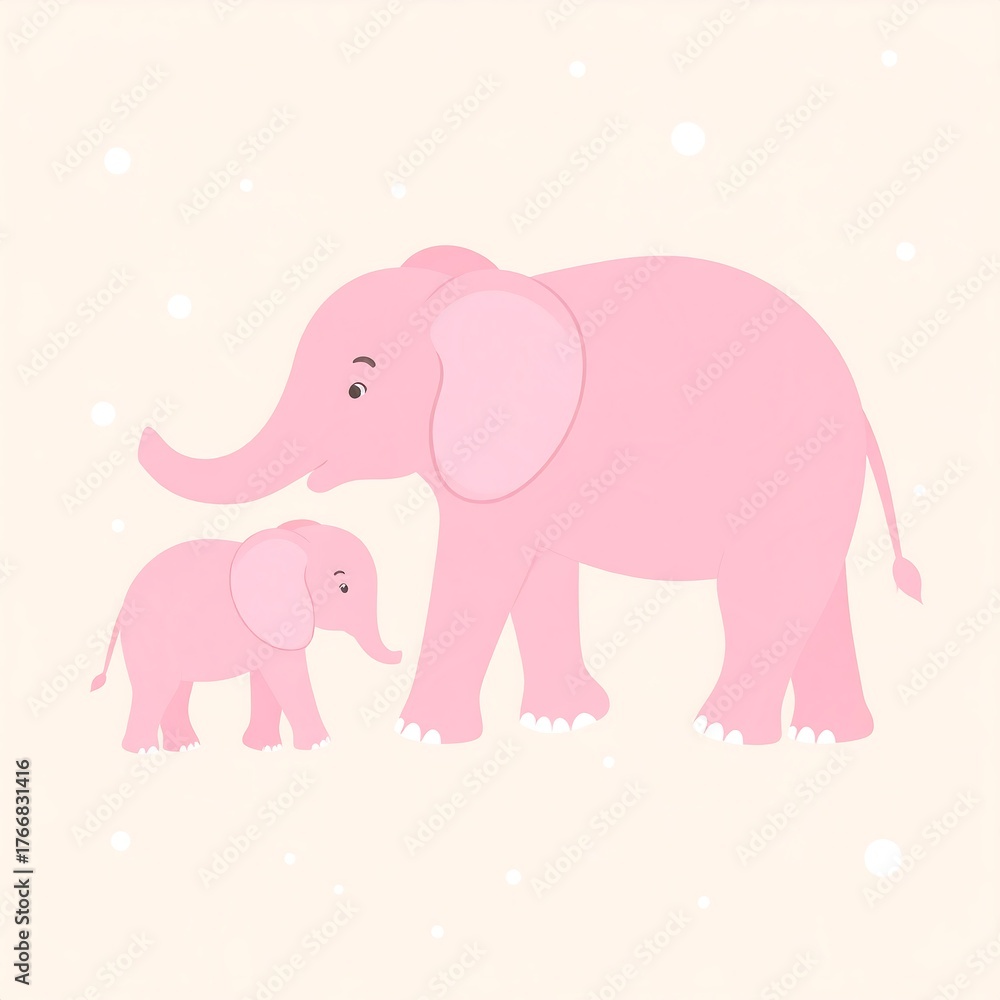 Fototapeta premium Two cartoon elephants, a pink adult and a smaller one
