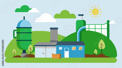 A biogas digester that turns manure and waste into renewable energy powering multiple farm operations.. Vector illustration
