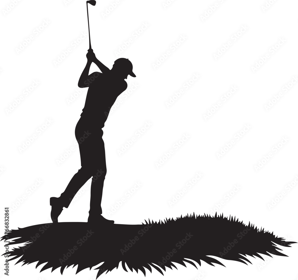 Obraz premium Black silhouette of a golfer swinging a club on grass