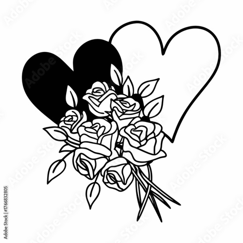 Minimilist two hearts with roses bouquet black and white illustration vector graphic design element art work image vector
