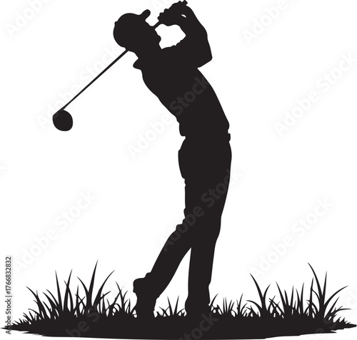 Black silhouette of a golfer swinging a club on grass