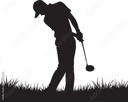 Black silhouette of a golfer swinging a club on grass