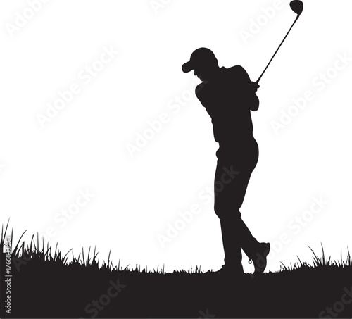 Black silhouette of a golfer swinging a club on grass