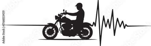 Black silhouette of a man riding a motorcycle with a heartbeat line