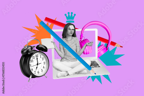 Composite sketch image trend artwork collage of young schoolage girl sit laptop clock time pencil elearning season september student study