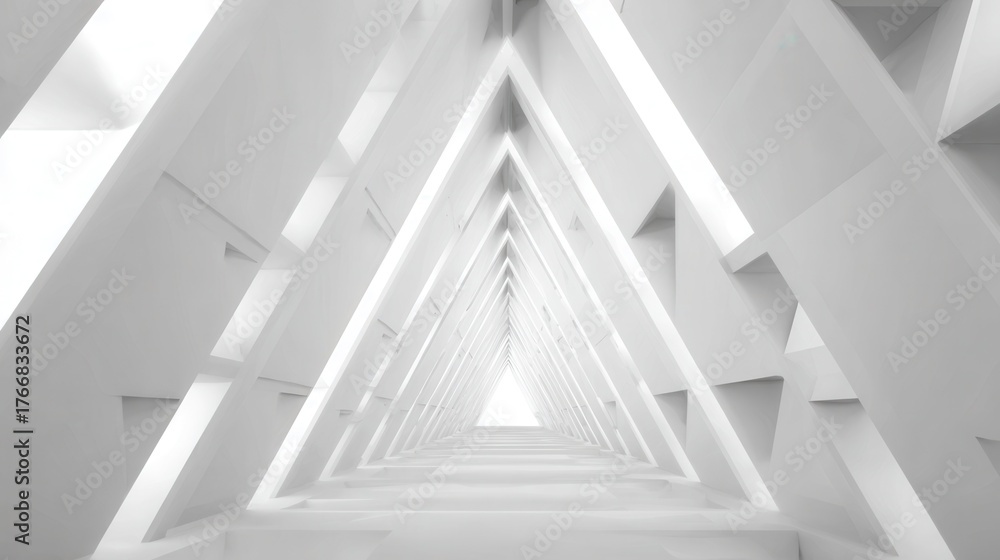Fototapeta premium Stunning white triangular corridor with geometric patterns and strong light effects creating a unique visual experience