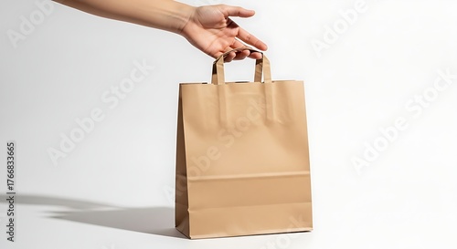 Close-up of a hand holding the handles of an unbranded brown bag for eco-friendly packaging.