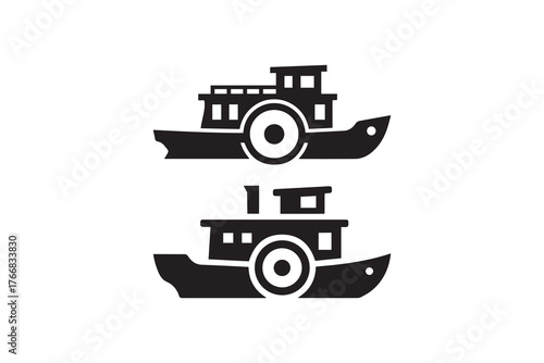 Paddle Wheeler Boat Icon Set Vintage Steamboat Silhouette Graphics