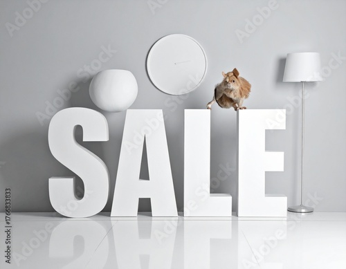 Adorable hamster on giant SALE letters promotes exciting limited time shopping deals