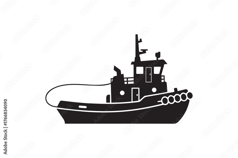 Obraz premium Maritime Tugboat Silhouette Graphic Simple Tugboat Icon in Flat Design