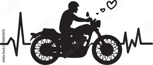 Black silhouette of a motorcycle rider with heartbeat and hearts