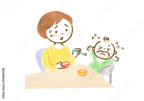 離乳食を食べさせる母親と嫌がる赤ちゃんのイラスト