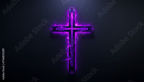 Neon Purple Cross with Electric Lightning Effect on Dark Background