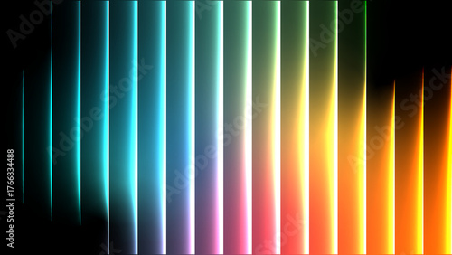 White light blue cyan magenta orange red gradient with iridescent glass effect on black background. Futuristic glowing lines with neon shine, prism reflection, and transparent light beam motion design