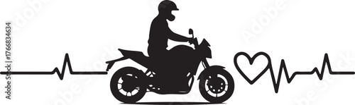 Black silhouette of a motorcyclist on a motorcycle with heartbeat line and heart