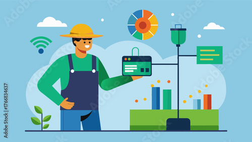 A farmer using a smart fertilizer dispensers data export feature to track fertilizer usage and costs aiding in budget planning and decision making.. Vector illustration