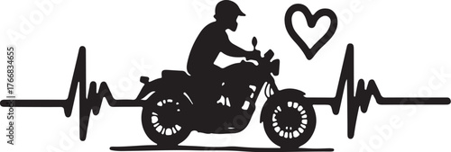Black silhouette of a person riding a motorcycle with a heartbeat line and heart