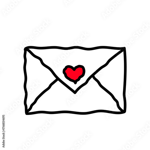 Hand-drawn envelope with a small red heart seal outlined in black on a white background.